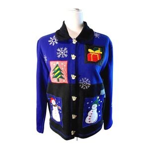 Vtg  Onque Casuals Blue Fleece Christmas Jacket S  Snowman Tree Applique Buttons